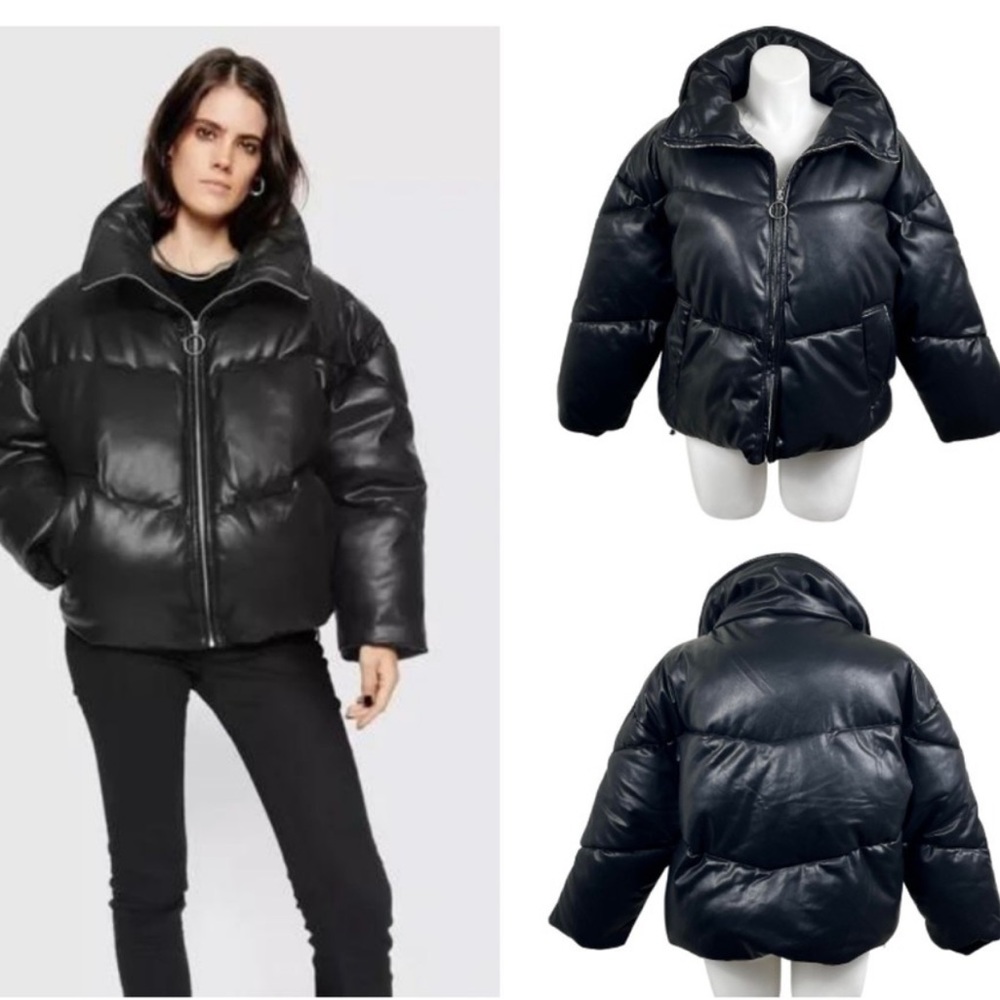 NWT Rebecca Minkoff Black Puffer Oversized Faux Leather Full Zip Jacket Size: XL